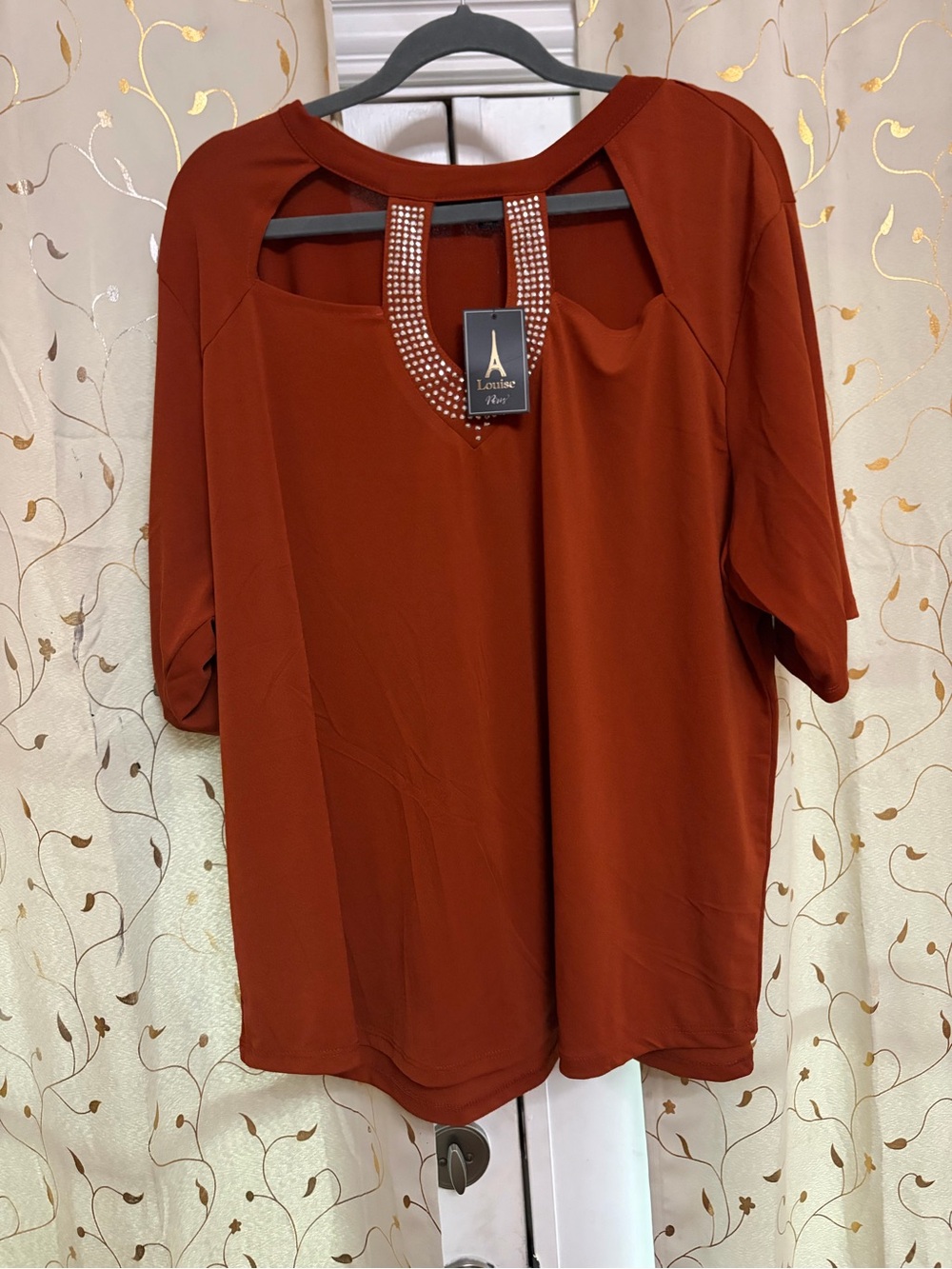 Louis Plus Rust Short Sleeve Top with Embellished Keyhole